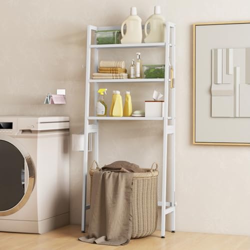 Giantex Over The Toilet Storage, 3-Tier Freestanding Bathroom Space Saver with 2 Hooks, Toilet Paper Holder & Adjustable Bottom Bar, Metal Over Toilet Bathroom Organizer for Restroom, Laundry (White) - color: White