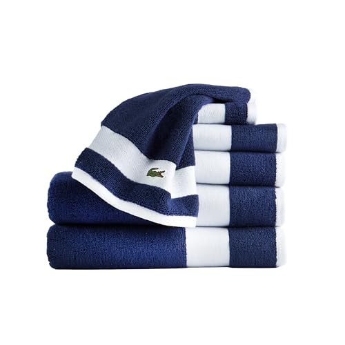 Lacoste Sport Stripe 6-Piece Luxury Cotton Towel Set – Made with 100% Soft Supima Cotton, Absorbent & Quick-Drying, Includes 2 Bath Towels, 2 Hand Towels, 2 Washcloths, Navy - color: Navy