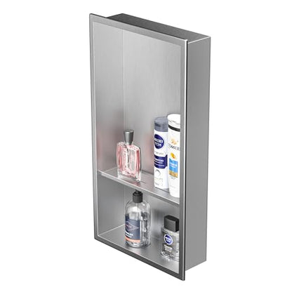 Stainless Steel Shower Niche 24" X 12" Brushed No Tile Needed Wall Niche with Double Shelves Recessed Shower Shelf for Bathroom Vertical Niches - color: Brushed, size: 12"x 24"