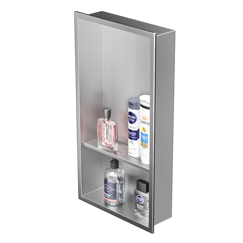 Stainless Steel Shower Niche 24" X 12" Brushed No Tile Needed Wall Niche with Double Shelves Recessed Shower Shelf for Bathroom Vertical Niches - color: Brushed, size: 12"x 24"