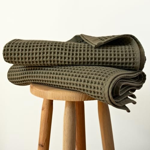 PÜSKÜL Pack of 2 Waffle Bath & Spa Towels - Premium 100% Turkish Organic Cotton - Quick Dry Thin Bath Towel for Bathroom - Made in Turkey (Khaki Green, 32x63 inch) - color: Khaki Green, size: Bath Towels - Pack of 2