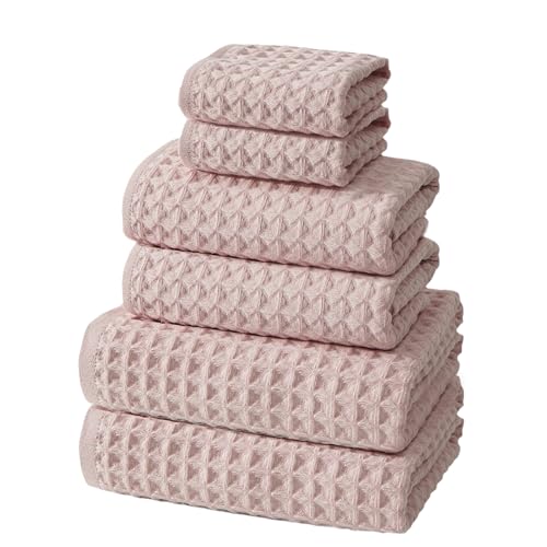 SK Studio 6 Piece Pink Bath Towels Set Cotton Waffle Bathroom Towels | 2 Bath Towels, 2 Hand Towels, 2 Washcloths Quick Dry for College Dorm, Spa - color: Pink