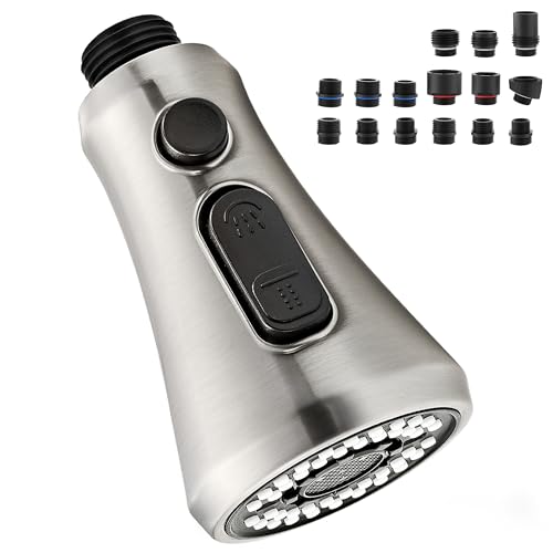 Pull Down Kitchen Faucet Head Replacement Brushed Nickel with 15 Adapters | 3 Functions High Pressure Sink Spray Nozzle, Kitchen Faucet Spray Head, Kitchen Sink Sprayer Head Replacement - color: Brushed Nickel