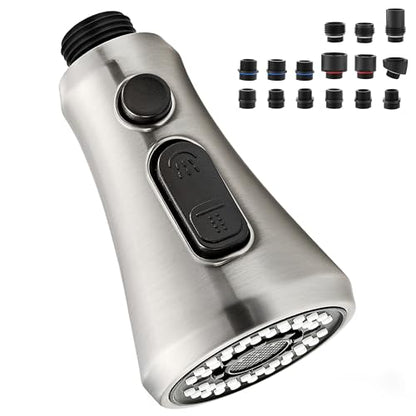 Pull Down Kitchen Faucet Head Replacement Brushed Nickel with 15 Adapters | 3 Functions High Pressure Sink Spray Nozzle, Kitchen Faucet Spray Head, Kitchen Sink Sprayer Head Replacement - color: Brushed Nickel