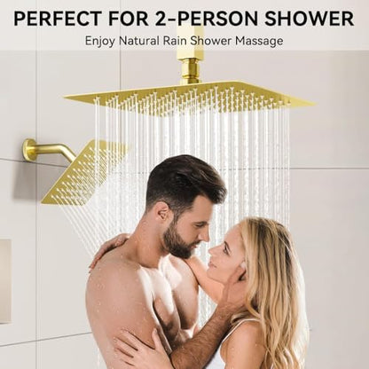 Brushed Gold Shower System, STARBATH Ceiling Mounted 12+6 Inch Rainfall Shower Head with 2 in 1 High Pressure Handhled, Can Use All at Once, Push Button Diverter Thermostatic Valve with Trim Kit - color: Brushed Gold, size: 6+12 inch-06