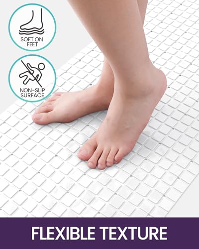 DEXI Bathtub Mat Non Slip, 39x16 Bath Tub Shower Floor Bathroom Mats White | Extra Long Suction Cups, Drain Holes, Machine Washable for Tub Shower Floor Bathmat - color: White