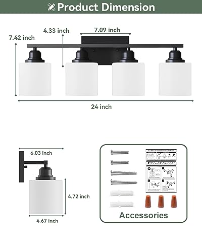Vanity Light Fixtures, Matte Black, Over Mirror, Modern Bathroom Light, Anti-Rust Nickel Finished, 4-Light, E26 Standard Sockets, Easy Installation, 24 Months Replacement - color: Black-4 Light