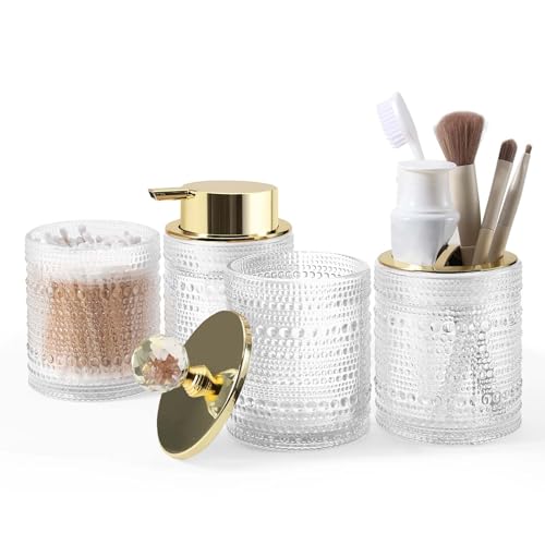DASITON Bathroom Accessories Set,4Pcs Glass Bathroom Counter Set with Foaming Soap Dispenser,Toothbrush Holder,Bathroom Tumbler,Cotton Swab Jars, for Vanity Bathroom Decor(Clear A) - style: Clear A