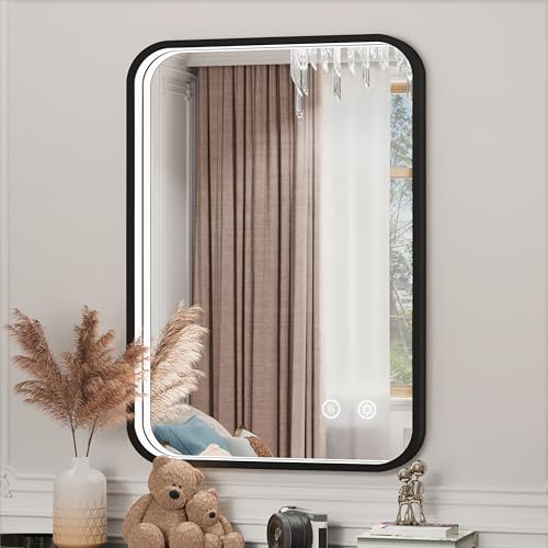 20x28 Inch Black LED Bathroom Mirror with 3 Color Lights | 3000K/4500K/6000K,Stepless Dimmable,Anti-Fog,Memory Function,Aluminum Frame,ETL Listed,Wall Mounted Lighted Vanity Mirror - color: Black, size: 20"L x 28"W