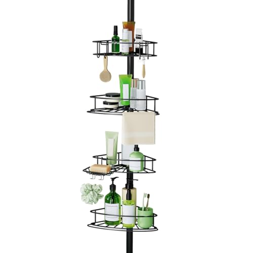 Corner Shower Caddy Tension Pole-4 Tier Adjustable Bathroom Shower Organizer with Soap Holder, Rustproof Shower Shelves Shower Rack for Inside Shower, Bathtub Shampoo Storage 29-118", Black
