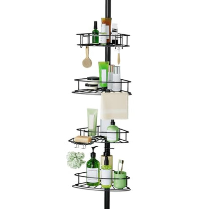 Corner Shower Caddy Tension Pole-4 Tier Adjustable Bathroom Shower Organizer with Soap Holder, Rustproof Shower Shelves Shower Rack for Inside Shower, Bathtub Shampoo Storage 29-118", Black