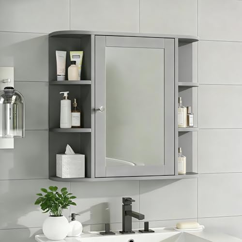 Merax Bathroom Wall Cabinet with Mirror, Mounted Medicine Cabinets with 3 Internal and 6 Open Shelves, Mirrored Door Over The Toilet Storage, Solid Grey - color: Grey, style: With Mirror