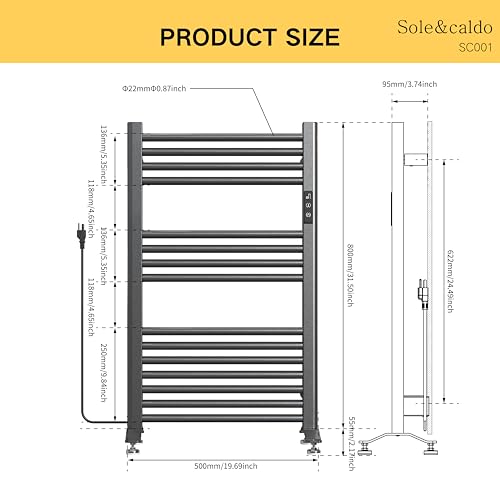 Sole&caldo Grey Carbon Steel Towel Warmer Rack with 15 Heating Strips and LED Temperature Timer Control, Freestanding or Wall Mounted Electric Towel Heater Rack