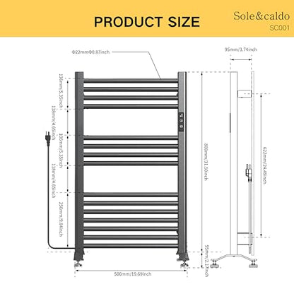Sole&caldo Grey Carbon Steel Towel Warmer Rack with 15 Heating Strips and LED Temperature Timer Control, Freestanding or Wall Mounted Electric Towel Heater Rack