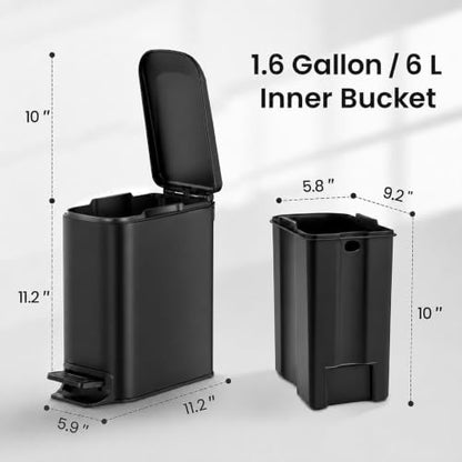 TIPGO Slim Bathroom Trash Can with Lid Soft Close, Step Pedal, 6 Liter / 1.6 Gallon Stainless Steel Garbage Can with Removable Inner Bucket, Anti-Fingerprint Finish (Matte Black) - color: Matte Black