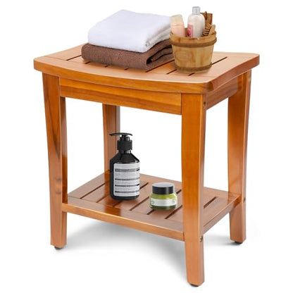 16" Compact Teak Shower Bench with Shelf, Premium Teak Shower Stool, Durable Waterproof Seat for Inside Shower, Solid Teak Wood Bench for Bathroom, Indoor & Outdoor Use - size: 16" W x 11" Dx 17" H
