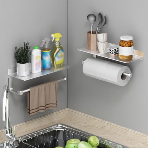 Wall Mount Paper Towel Holder with Shelf for Bathroom/Kitchen, Adhesive Hand Towel Holder, Matte Silver - color: Silver