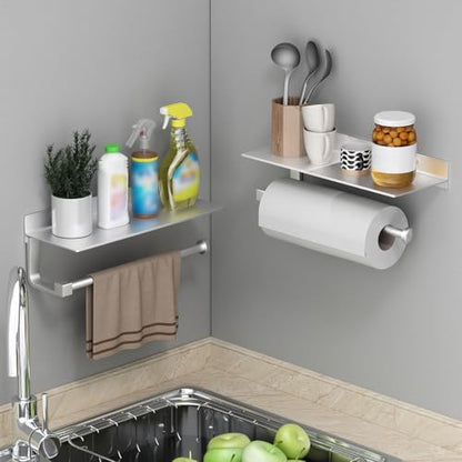 Wall Mount Paper Towel Holder with Shelf for Bathroom/Kitchen, Adhesive Hand Towel Holder, Matte Silver - color: Silver