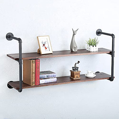 Industrial Pipe Shelves With Wood Planks,Rustic Pipe Shelving Wall Shelf | Metal Pipe Solid Pine Wood,Easy to Assemble,Wooden Board Thickness 0.78 In,For Bar Farmhouse Kitchen Office Bathroom,Bedroom - color: 2-layer, size: 48in