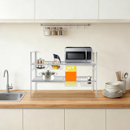 2-Tier Under Sink Organizer, Adjustable 20.9-34.6 Inch, Stainless Steel Cabinet Shelf with 4 Baskets, Cream White (Silver) - color: Silver