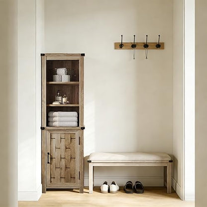 Farmhouse Storage Cabinet, Narrow Corner Linen Tower with Door & Adjustable Shelves,Versatile Bathroom & Living Room Organizer，Light Brown
