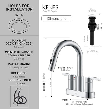 Chrome Centerset 2 Handle Pull Down Bathroom Faucet with Sprayer | Pull Out Bathroom Faucet with Pop Up Drain & Supply Lines, Lead-Free cUPC & NSF Certified, 3 Hole Faucet for Vanity RV Bar - color: Chrome