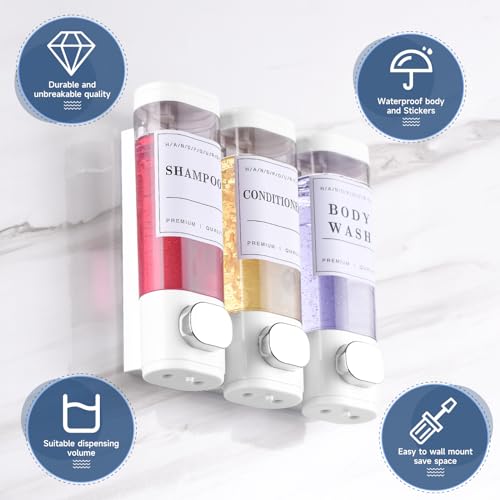 Shower Soap Dispenser Wall Mounted No Drill Shampoo Dispenser for Shower Wall Shampoo and Conditioner Dispenser Bathroom Hotel 3 * 300ml White with Labels - color: White