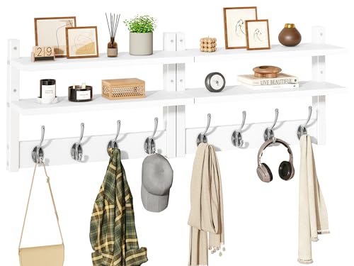 YMYNY Double Shelf Coat Rack Wall Mount with 8 Hooks, White HWS009W-2 | Wooden Coat Hanger Key Holder Wall Mount for Coats Hats Keys - Wood Wall Mounted Coat Rack with Shelf for Entryway & Bathroom - color: White