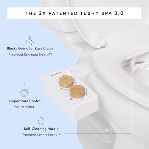 TUSHY Spa 3.0 Cool to Warm Water Bidet Attachment, Bamboo | Universal Fit, Easy Install, Self-Cleaning, Adjustable Pressure and Angle Control, Sink Access Required Within 6 Feet - color: White/Bamboo, style: Warm Water Optional