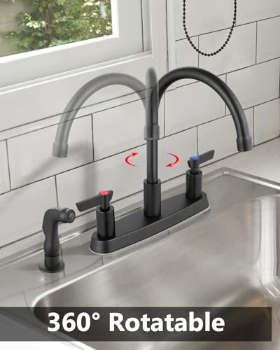Kitchen Faucet with Side Sprayer, 8 Inch Centerset 4-Hole Black | Lead-Free 4-Hole High Arc Kitchen Sink Faucet, 1.8 GPM, 360° Spout - color: Black