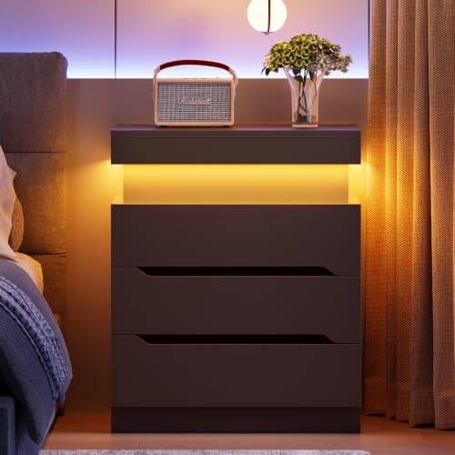 Night Stand with 3 Drawers, Nightstand with App-Controlled Adjustable LED Light, Bedside Table with Slidable Hidden Storage Space, Modern Nightstands for Bedroom,Black - color: Unbzx032hd-zf
