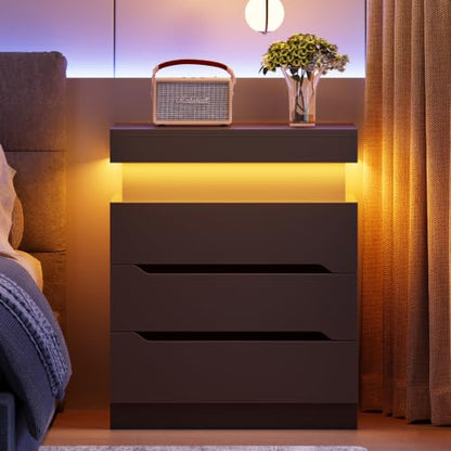 Night Stand with 3 Drawers, Nightstand with App-Controlled Adjustable LED Light, Bedside Table with Slidable Hidden Storage Space, Modern Nightstands for Bedroom,Black - color: Unbzx032hd-zf