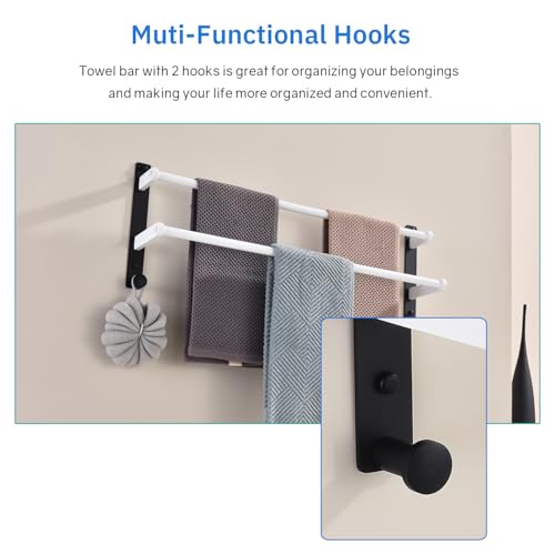 24-Inch Double Towel Bar with Hooks, Stainless Steel Towel Rod - Bathroom Wall Mounted Towel Hanger, White & Black - color: Black & White, size: 24-Inch