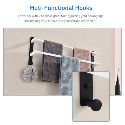 24-Inch Double Towel Bar with Hooks, Stainless Steel Towel Rod - Bathroom Wall Mounted Towel Hanger, White & Black - color: Black & White, size: 24-Inch