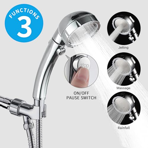 KAIYING High Pressure Handheld Shower Head with ON/OFF Pause Switch | 3 Spray Modes Shower Wand with Shut Off Button, Camper & RV Showerhead with Hose & Angle Adjustable Bracket, Chrome Finish - color: Chrome