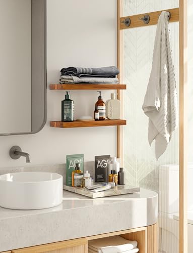 BATODA Wood Floating Shelves, Wall Mounted, 17" Set of 2, Hardware Included | Acacia Wood, 100LBs Capacity, Hidden Brackets, Easy DIY Assembly, Rustic Farmhouse Style, for Bathroom, Bedroom & Kitchen - color: Acacia, size: 17 Inch