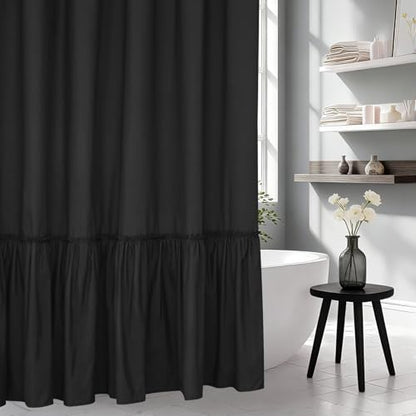 Seenus Soft Microfiber Ruffle Shower Curtain with Waterproof TPU Backed, 72 x 78 Inch Extra Long French Country Ruched Black Shower Curtain, 2 in 1 Washable Fabric Shower Curtain with TPU Lining - color: Ruffled - Black, size: 72"W x 78"L (Pack of 1)