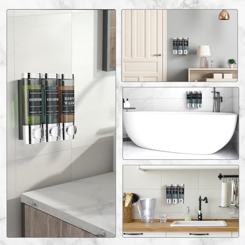 Unisense Shower Soap Dispenser 3 Chamber No Drill Shampoo and Conditioner Dispenser Wall-Mounted Shampoo Dispenser for Shower Wall Mounted Shower Dispenser for Bathroom Hotel Large Capacity,Chrome - color: Chrome