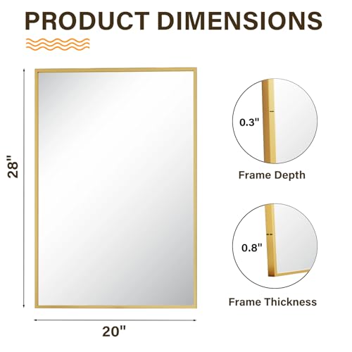 HARRITPURE 28"x20" Rectangle Bathroom Mirror, Gold Vanity Wall Mirror | Aluminum Alloy Frame Wall Mirror, Horizontal or Vertical Wall Mount for Entryway Bedroom Living Room - size: 28"L x 20"W