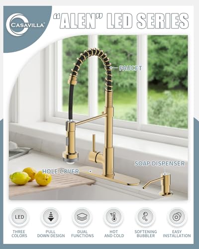 LED Kitchen Faucet, Brushed Gold Kitchen Faucet with Soap Dispenser and Deck Plate, Faucet for Camper Farmhouse RV Kitchen Sink, Single Handle Kitchen Sink Faucets with Pull Down Sprayer - color: C-Brushed Gold, style: Rustic