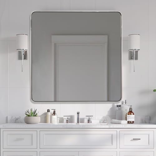 ANDY STAR 36x36 Inch Chrome Mirrors for Bathroom, Chrome Square Bathroom Vanity Mirror, Rounded Mirror, Anti-Rust SUS304, Seamless Tube Metal Frame, 1’’ Deep Wall Mounted Vertically/Horizontal - color: Polished Chrome, size: 36"L x 36"W