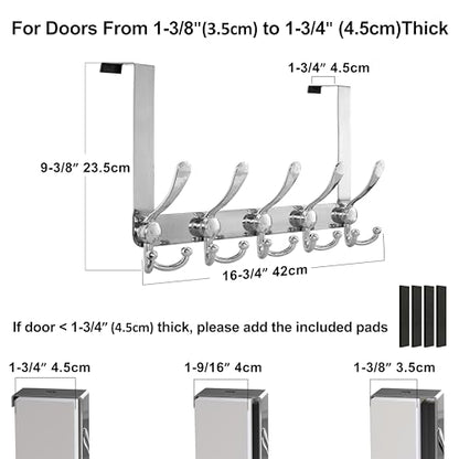 Over Door Hook 2.0 - Upgraded Version - Simple-Assembly, Strong, Heavy-Duty Stainless Steel 5-Tri-Hook Over The Door Hanger Rack, SimpleStrong Series, Chromed, Pack of 2 - color: Chromed