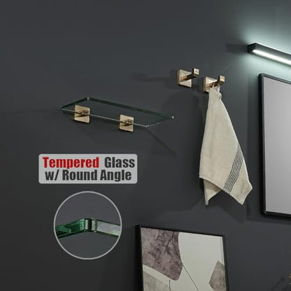 JQK Bathroom Glass Shelf, Tempered Glass Shower Storage 12 by 5 inches, 304 Stainless Steel Champagne Bronze Wall Mount, TGS201L12-CB - color: Champagne Bronze, size: 12 Inch