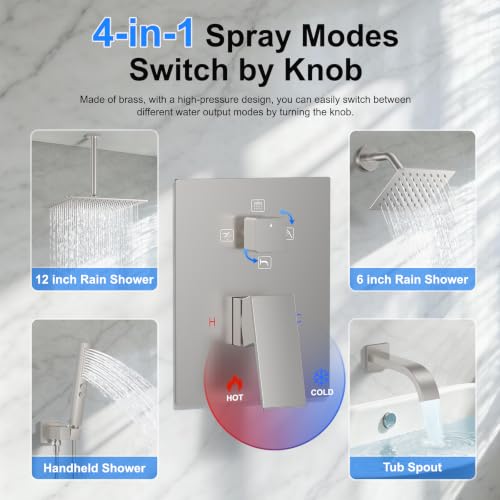 Brushed Nickel Rainfall Shower System – Complete Spa Faucet Set with Handheld Sprayer & Mixer Valve – Tub Spout Bathroom Fixture Trim Kit - color: Brushed Nickel, size: 6''+12''+Bathtub Faucet