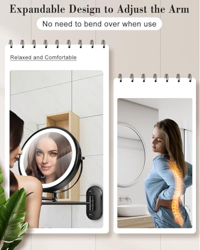 20X 9" Wall Mounted Magnifying Makeup Mirror with Light Height Adjustable | 5000mAh Double Sided Rechargeable LED Lighted Vanity Mirror with Magnification 3 Color Light up Extended Arm 360 Rotation - color: 9inches-black