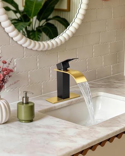 Waterfall Single Handle Bathroom Sink Faucet Black Gold | Vanity Faucet with Pop-up Drain, llaves para lavamanos de baño, Ceramic Valve, for 1 or 3 Hole Modern Bathrooms. - color: Black Gold