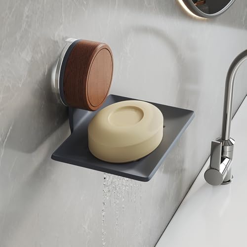 Soap Dish, Walnut and Stainless Steel, Soap Bar Holder for Shower Suction Cup Wall Mounted, No-Drilling Waterproof Sponge Holder (White)