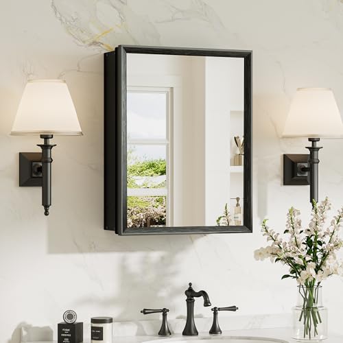14 x 18 Recessed Medicine Cabinet, Assembly Required, Black Bathroom Medicine Cabinet with Mirror, Stepless Adjustable Shelves, Tempered Glass, Beveled Aluminum Frame - color: Black, size: 14x18 in