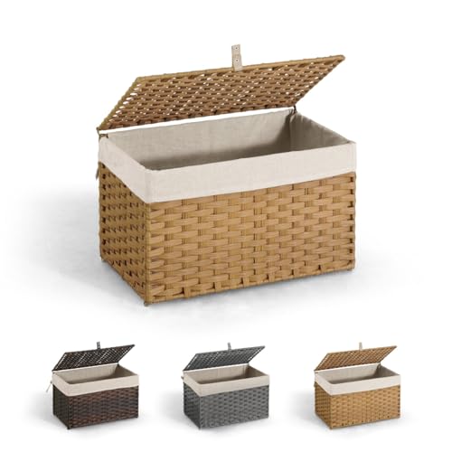 CAPHAUS Handwoven Storage Basket w/ Lid & Handles, 2 Removable Liner Bags, Foldable Clothes Basket for Laundry, Large Synthetic Rattan Laundry Basket, 65L, Natural - color: Natural, size: 17.2 Gal (65L)