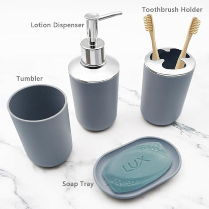 Bathroom Accessory Set, 4 pcs Shatter-Resistant Resin Bathroom Accessories Set Include Lotion Soap Dispenser Toothbrush Holder Soap Dish Modern Bathroom Decor, Gift for Home (Grey 4pcs) - style: Grey 4pcs